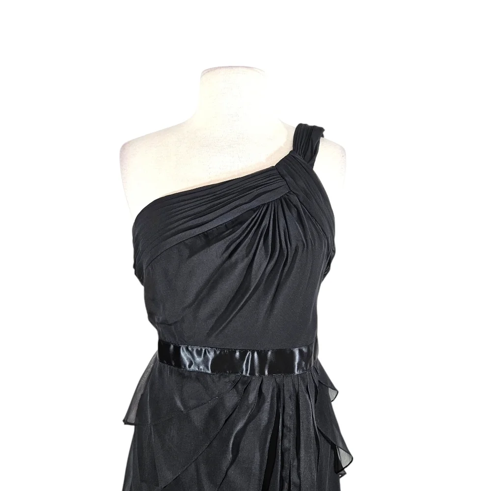 Adrianna Papell Flutter Chiffon Tiered Black One Shoulder Cocktail Dress